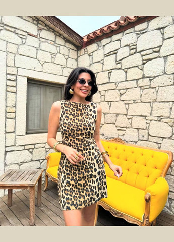 Комбінована коротка леопардова сукня без рукава з турецької тканини, повсякденна приталена сукня в трендовому принті No Brand леопардовий