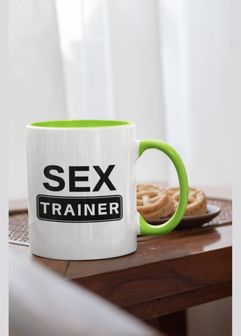 Чашка керамічна з принтом "SEX Trainer" 330 мл, біла з зеленою ручкою No Brand (324263653)