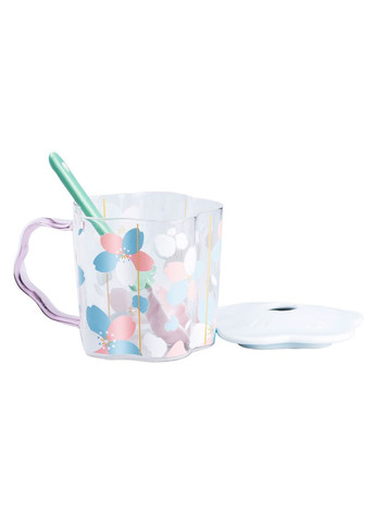 Чашка скляна 500 мл з ложкою та кришкою Блакитний Happy Life (326066421)