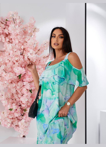 Бирюзовое праздничный, коктейльное, повседневный, кэжуал, вечернее стильное яркое платье с открытыми плечами No Brand с абстрактным узором