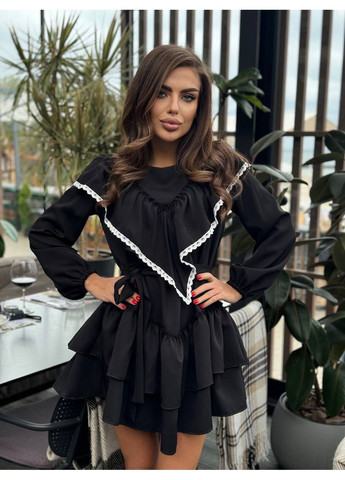 Черное праздничный женское трендовое платье с кружевной отделкой (замеры в описании) силуэтная GD/GL Модний простір однотонное