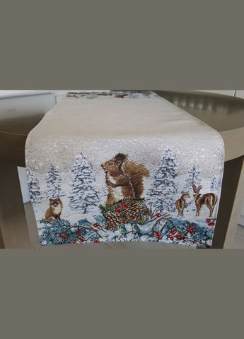 Новогодняя дорожка на стол гобеленовая раннер с серебренным люрексом "Лесная сказка" 37х100 Maystat (305411999)