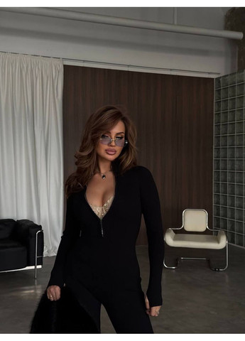 Жіночий комбінезон з утепленням No Brand комбінезон-брюки чорний кежуал трикотаж з начосом