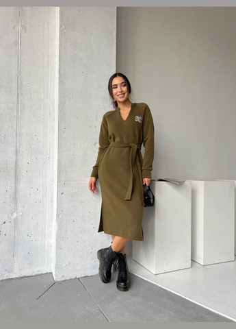 Оливкова (хакі) сукня з поясом на флісі Fashion