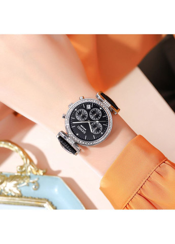 Годинники кварцові жіночі сріблясті з чорним ремінцем для повсякденного носіння стрілочні ProDobro (367266082)