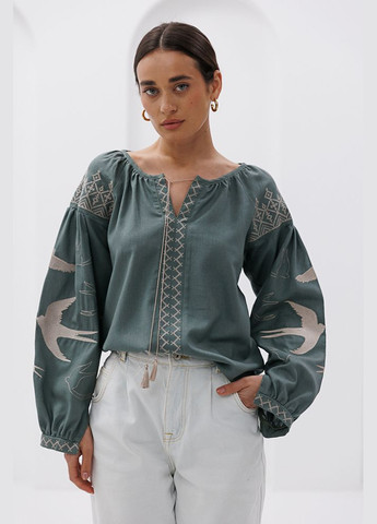 Зелена жіноча вишиванка з ластівками гладдю темно-оливкова Arjen льон (296470924)