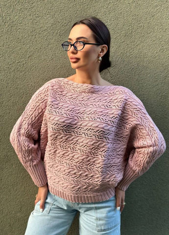 Пудровый демисезонный стильный вязаный свитер с манжетами на рукавах Allthings