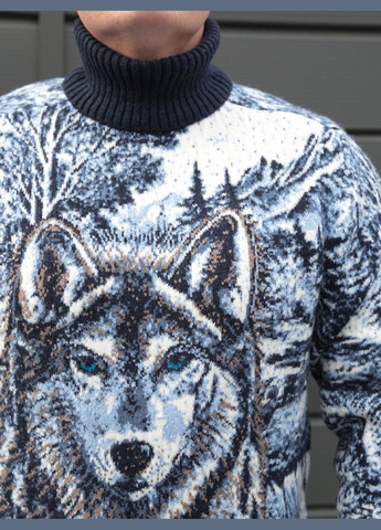 Темно-синий зимний свитер мужской синий зимний с волком большой размер Pulltonic Пряма