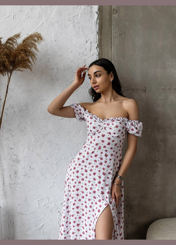 Белое платье-миди с разрезом на ноге в цветочном принте No Brand с цветочным принтом