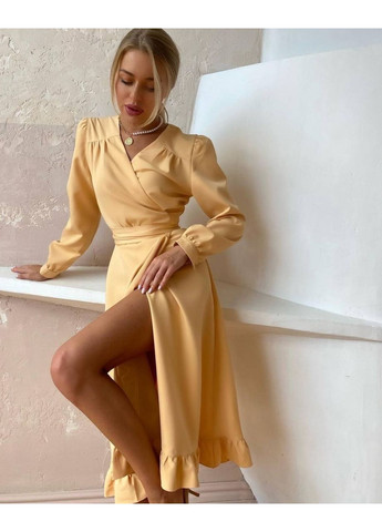 Жовтий вечірня сукня довжини міді на запах на запах MonCher