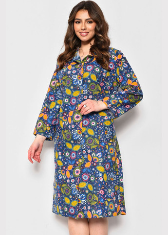 Халат женский байковый полубатальный темно-синього цвета с цветочным принтом Let's Shop (279724062)