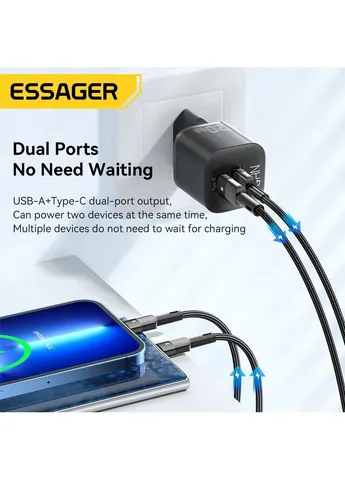 Мережевий зарядний пристрій Camber 20W USB A + Type C Black (ECTAC-HMB01-P) Essager (394018035)