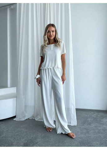 Молочная всесезон женский домашний комплект тройка (топ+резинка+штаны) Fashion