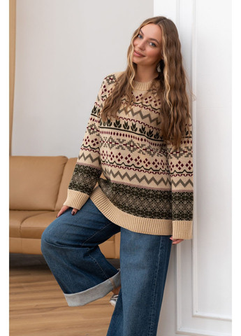 Бежевый женский теплый шерстяной свитер шафран с орнаментом беж с зеленым You Best