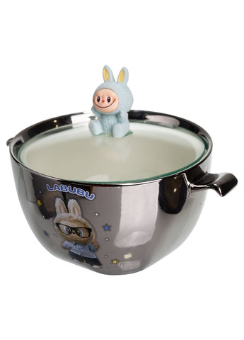 Бульйонниця порцелянова Labubu з кришкою і ручками 800 (мл) Ø15 (см) Сріблястий з блакитним FM-34D Yiwu (370707865)