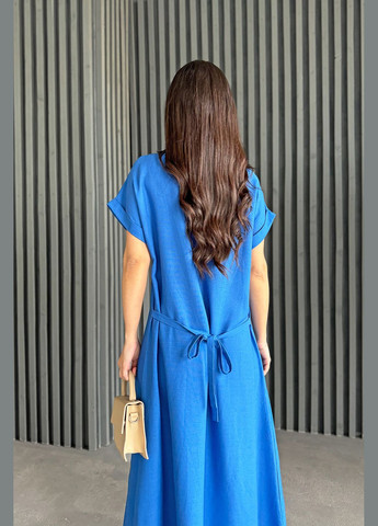 Синя повсякденний, кежуал літня лляна сукня максі з ніжною вишивкою колоски а-силует INNOE однотонна