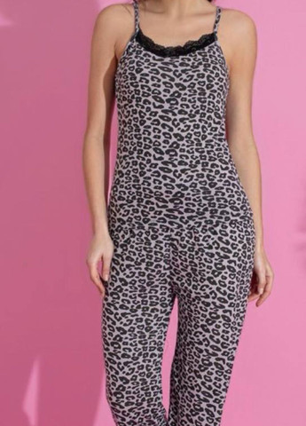 Серая всесезон изысканная домашняя пижама двойка с узором: майка на бретельках + брюки майка + брюки Tik-Tak