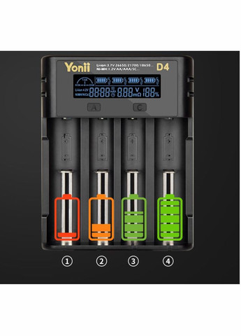 Зарядное устройство для аккумуляторов D4 LCD 18650 21700 26650 Литий AA AAA Nimh Черный (М5120160) Yonii (302804193)