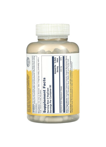 Магній цитрат 400 мг Magnesium Citrate для ШКТ серця та нервової системи 180 рослинних капсул Solaray (265913074)
