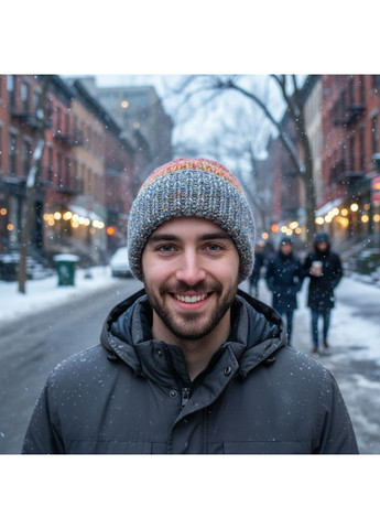 Чоловіча в'язана шапка "Vili" з відворотом, сіро-червоний мікс - ручна робота від PRIGRIZ (369165131)