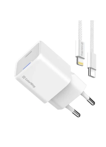 Зарядний пристрій для iPhone мережевий 20W USB-C з кабелем Lightning білий, швидка зарядка Colorway GaN Mini (402541432)