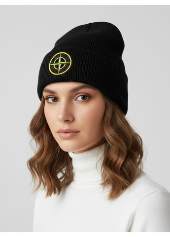 Шапка унісекс Stone подвійна з відворотом та жовтим логотипом чорна No Brand (363968689)