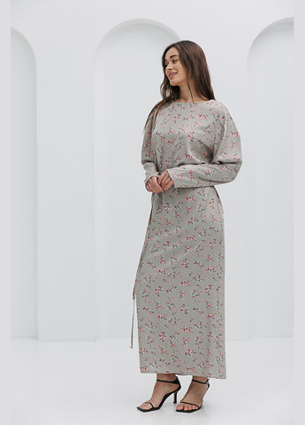 Зеленое длинное прямое платье с цветочным принтом коричневое Arjen