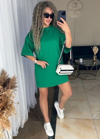 Зеленое повседневный базовое повседневное прямое оверсайз летнее мини платье-футболка с рукавами до локтя платье-футболка Україна однотонное