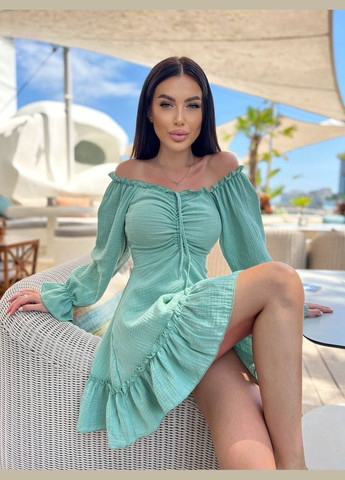 Оливкова літня легка муслінова сукня з довгим рукавом і відкритим декольте, коротка однотонна оливкова сукня на літо (100% бавовна) No Brand