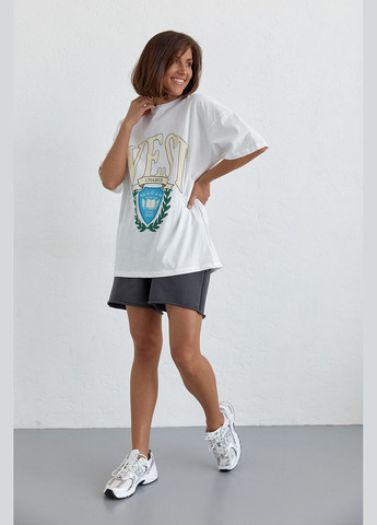 Молочна літня бавовняна футболка оверсайз з написом west 24224 з коротким рукавом Lurex