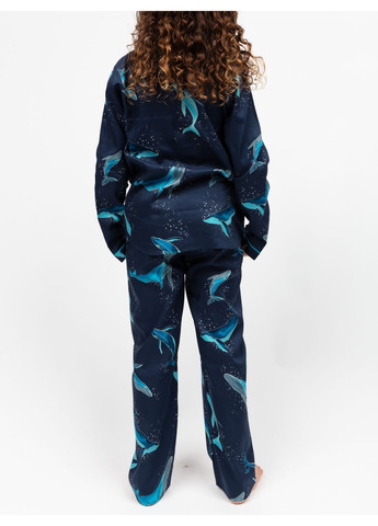 Темно-синя всесезон піжама дитяча унісекс 3164nay синій з принтом кита сорочка + брюки Cyberjammies Marina