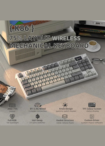 Беспроводная механическая Клавиатура + наклейки укр раскладки, Bluetooth/2,4g с дисплеем и кнопкой громкости ATTACK SHARK K86 (332663270)