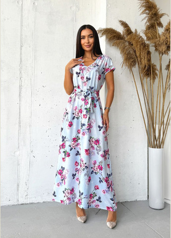 Блакитна коктейльна, джинсова, повсякденний, кежуал, святковий стильна літня витончена довга жіноча сукня з софту а-силует INNOE з квітковим принтом