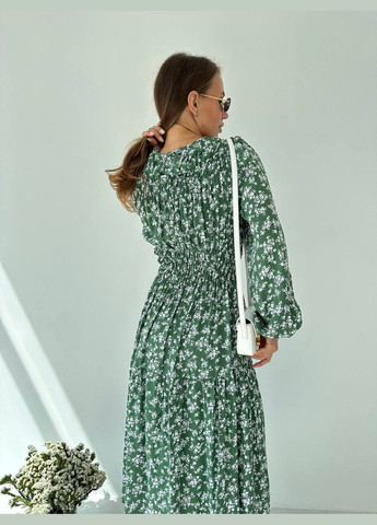 Оливковое лёгкое весеньее платье в стиле миди из штапеля в милом цветочном принте, воздушное платье с длинным рукавом No Brand