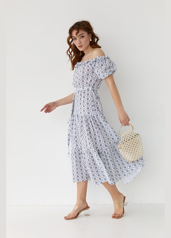 Молочное повседневный летнее платье миди с открытыми плечами 6080 Lurex с цветочным принтом