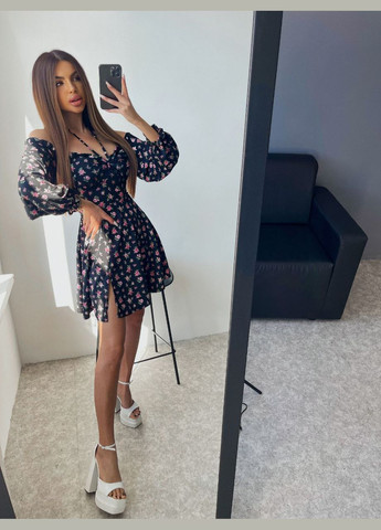 Черное повседневный женское платье No Brand с цветочным принтом