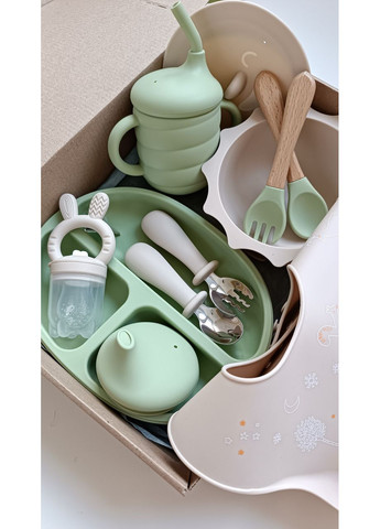 Набір дитячого силіконового посуду для першого прикорму Максимум Оливка+Беж 14 од (0232) No Brand (368999858)