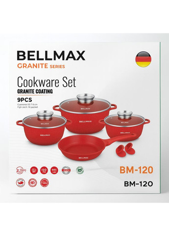 Набор кухонной посуды с гранитным антипригарным покрытием Красный на 9 предметов Bellmax Cookware BM-120 No Brand (366447361)