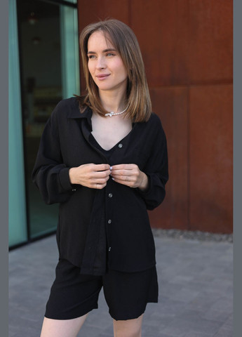 Жіночий костюм ( Майка + Сорочка + Шорти + Штани ) 0513 Шовковий L-XL чорний АМА (300091049)