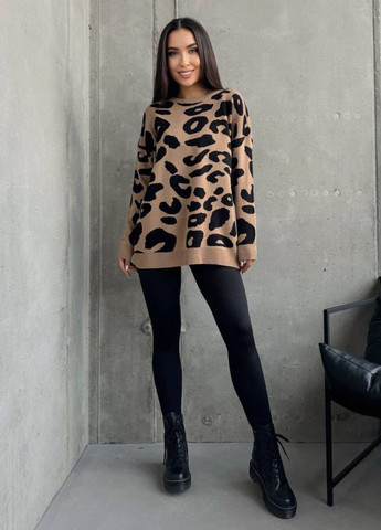 Бежевый демисезонный изысканный повседневный демисезонный оверсайз свитер с анималистическим узором Allthings