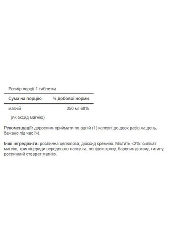 Магний 250мг 100капсул для поддержки костей и нервной системы минеральная добавка для мышц Puritans Pride (368987700)