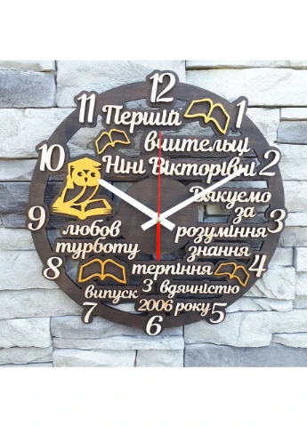 Настінний іменний годинник вчителю, подарунок на випускний, дерев'яний годинник, безшумний хід, 35 см Family Craft (401678616)