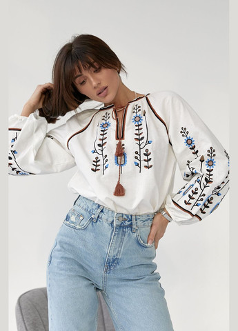 Белая женская вышиванка с пышными рукавами на резинке. ESQ свободная хлопок (325220033)