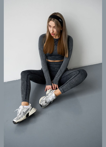 Спортивний жіночий костюм-двійка з ефектом виварювання (рашгард + легінси) для фітнесу та йоги PUSH UP Графіт Wow Костюм-двійка з рашгардом (303356561)