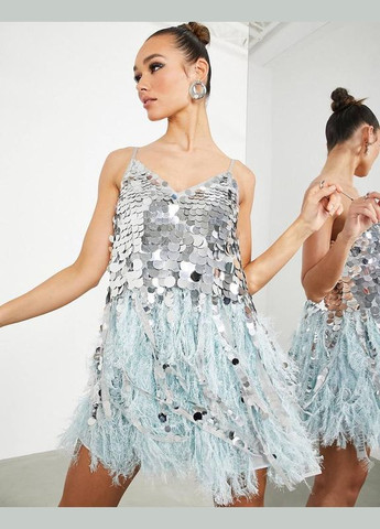 Бірюзова сукня міні із штучним пірʼям та паєтками вечірні коктейльна Asos