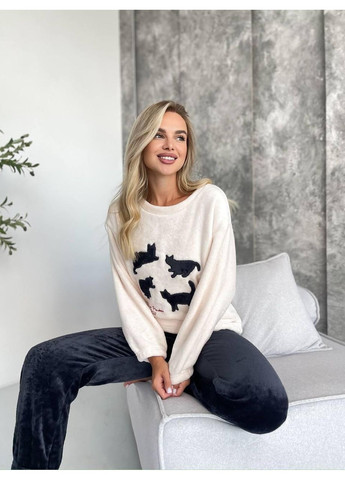 Комбінована жіноча піжама з м’якого флісу з котиками бежево-чорна. тепла піжама флісова з принтом котів для дому No Brand