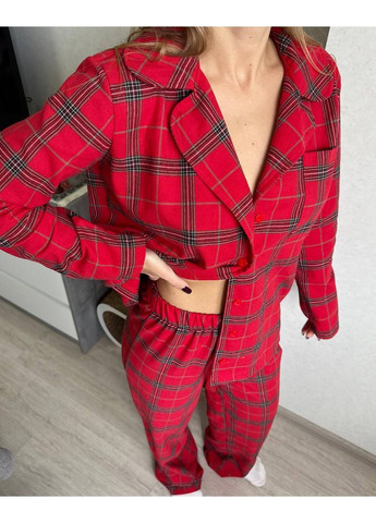 Червона всесезон жіноча тепла піжама в червону клітинку | класичний новорічний принт сорочка + брюки No Brand