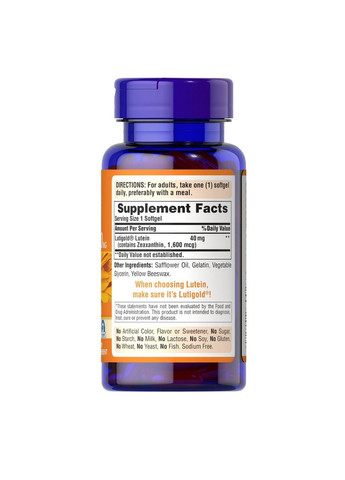 Натуральна добавка Lutein 40 mg with Zeaxanthin, 120 капсул Puritans Pride (295898951)