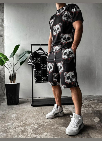 Комфортный черный мужской летний спортивный костюм-двойка с ярким принтом панды No Brand (370961832)