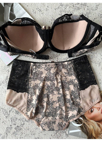 Чорний комплект жіночої білизни великого розміру чорно-бежевий Lanny Mode